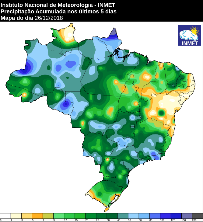 Mapa de precipitação acumulada nos últimos 5 dias em todo o Brasil - Fonte: Inmet