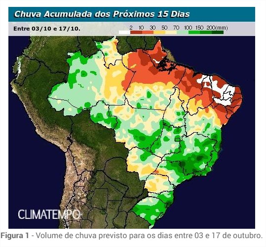 Chuvas previstas entre os dias 3 a 17 de outubro no Brasil - Fonte: Climatempo