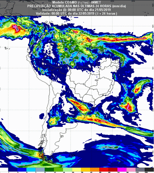 Mapa com a previsão de precipitação para até 93 horas (22/05 a 24/05) em todo o Brasil - Fonte: Inmet