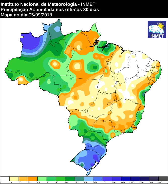 Mapa de precipitação acumulada nos últimos 30 dias em todo o Brasil - Fonte: Inmet
