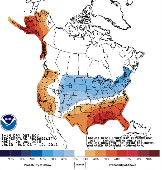 Temperaturas nos EUA entre os dias 6 a 12 de agosto - Fonte: NOAA