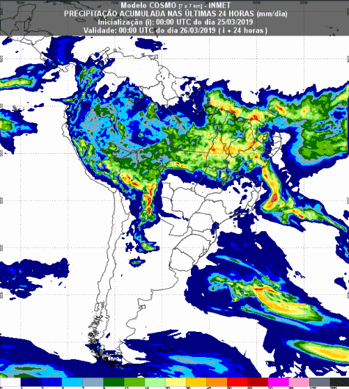 Mapa com a previsão de precipitação acumulada para até 72 horas (26/03 a 28/03) em todo o Brasil - Fonte: Inmet