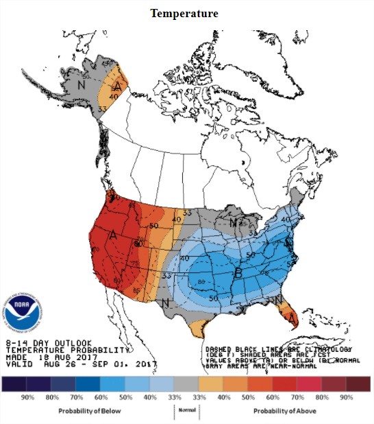 Temperaturas nos próximos 8 a 14 dias nos EUA - Fonte: NOAA