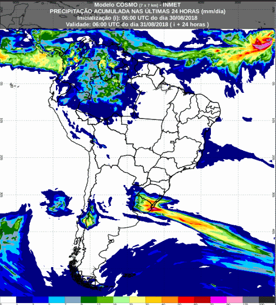 Mapa com a previsão de precipitação acumulada para até 72 horas (31/08 a 02/09) em todo o Brasil - Fonte: Inmet