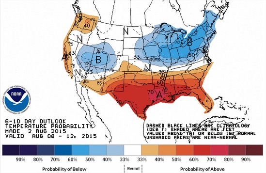 Projeção das Temperaturas para 8 a 12 de agosto nos EUA - Fonte: NOAA