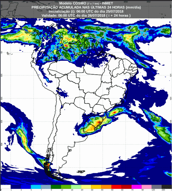 Mapa com a previsão de precipitação acumulada para até 72 horas (26/07 a 28/07) em todo o Brasil - Fonte: Inmet