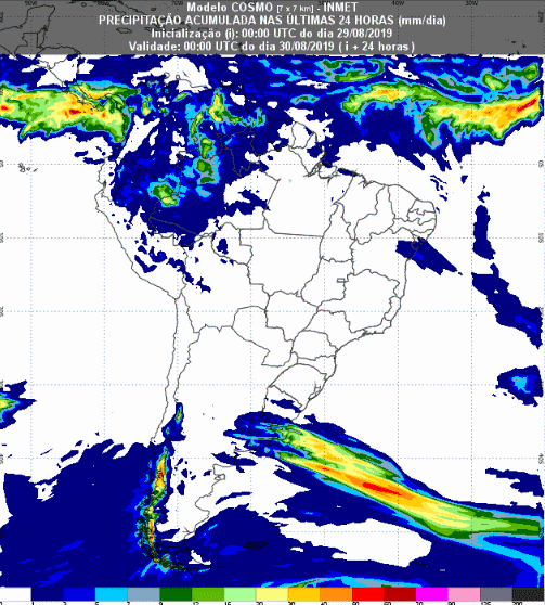 Mapa com a previsão de precipitação acumulada para até 93 horas (30/08 a 01/09) em todo o Brasil - Fonte: Inmet