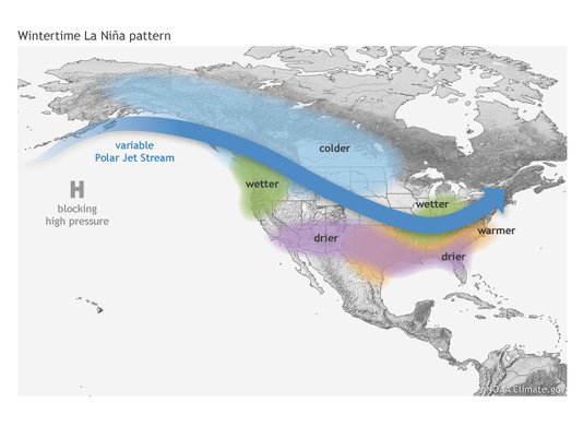 Típicos impactos do La Niña no inverno em toda a América do Norte (Foto: The Climate Prediction Center/NOAA)