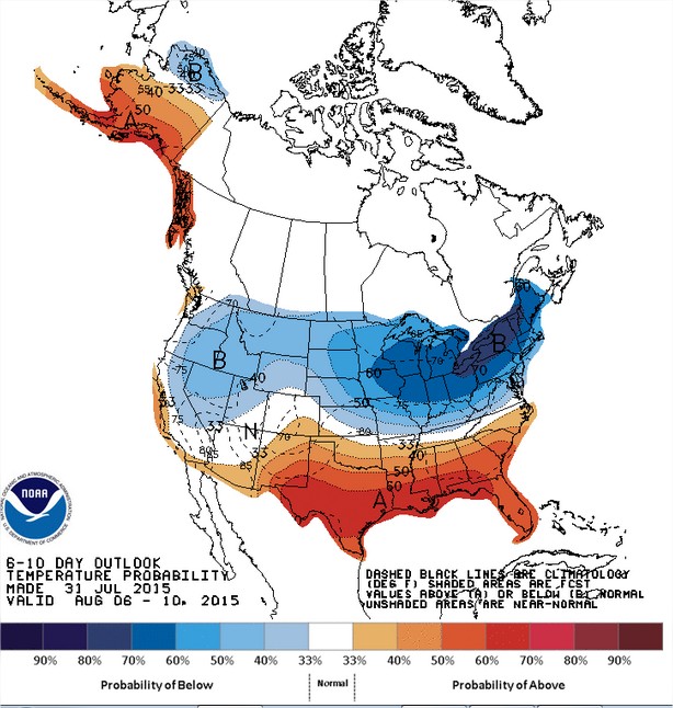 Temperaturas nos EUA entre os dias 6 a 10 de agosto - Fonte: NOAA
