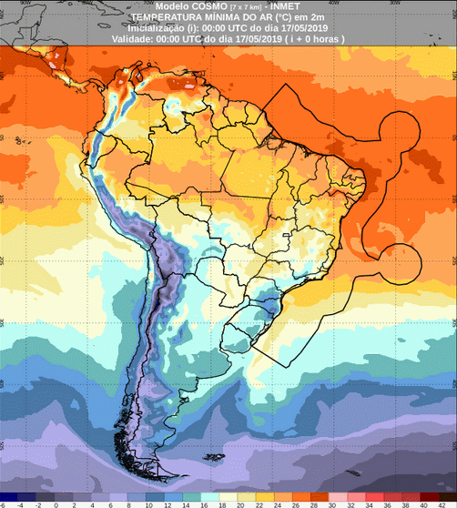 Mapa com a previsão de temperatura mínima para até 93 horas (17/05 a 20/05) em todo o Brasil - Fonte: Inmet