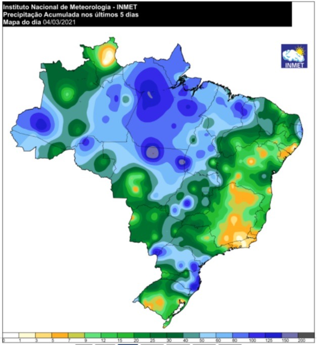 Mapa de acumulado de chuvas em 5 dias - 04.03.2021 - Fonte: Inmet