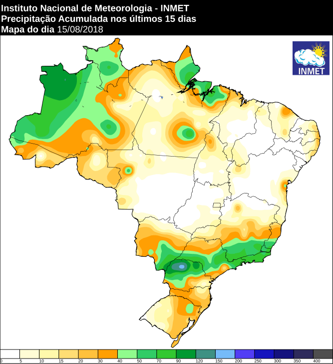 Mapa das áreas precipitação acumulada nos últimos 15 dias em todo o Brasil - Fonte: Inmet