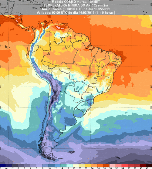 Mapa com a previsão de temperatura mínima para até 93 horas (17/05 a 19/05) em todo o Brasil - Fonte: Inmet