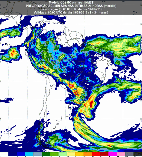 Mapa com a previsão de precipitação acumulada para até 72 horas (19/03 a 21/03) em todo o Brasil - Fonte: Inmet