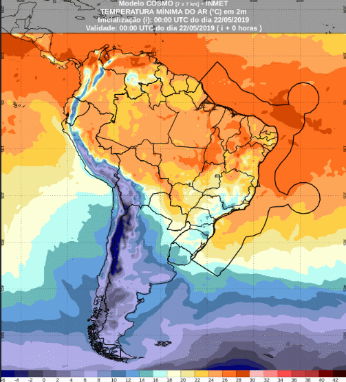 Mapa com a previsão de temperatura mínima para até 93 horas (22/05 a 25/05) em todo o Brasil - Fonte: Inmet