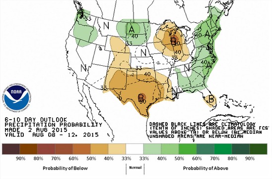 Projeção das Chuvas para 8 a 12 de agosto nos EUA - Fonte: NOAA