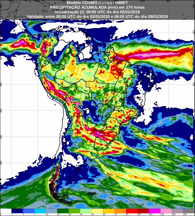 Mapa de precipitação acumulada dos próximos 7 dias em todo o Brasil - Fonte: Inmet