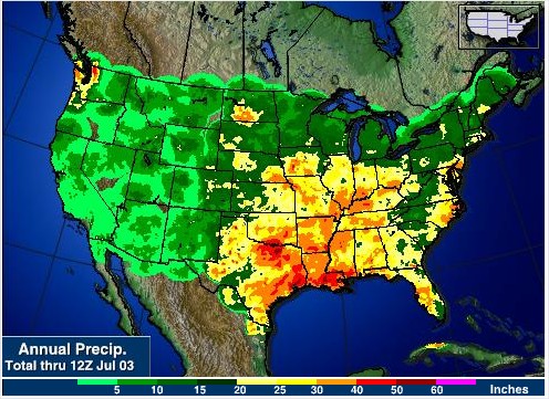 Acumulado de Chuvas nos EUA desde o início de 2015 - Fontes: NOAA + AgWeb