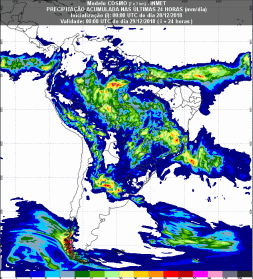 Mapa com a previsão de precipitação acumulada para até 174 horas (28/12 a 03/01) em todo o Brasil - Fonte: Inmet