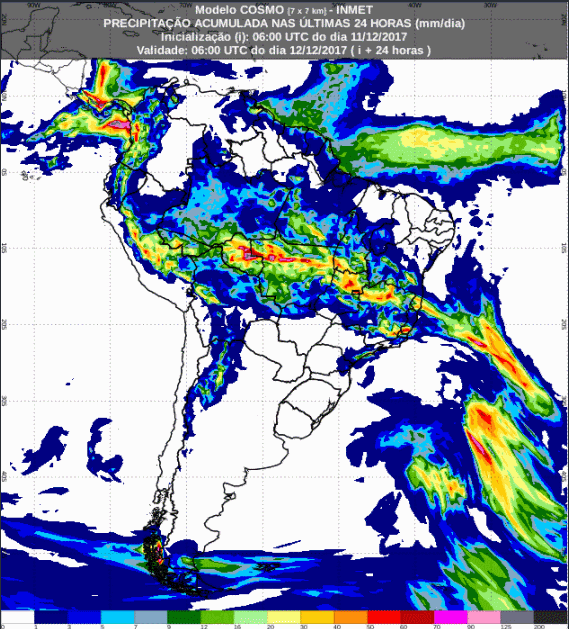 Mapa com a previsão de precipitação acumulada para até 72 horas (12/12 a 14/12) para todo o Brasil - Fonte: Inmet