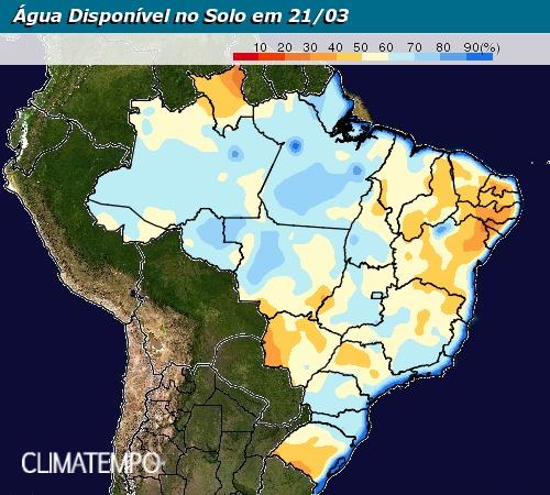 Mapa de água disponível no solo em todo o Brasil até 21 de março - Fonte: Climatempo