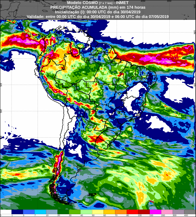 Mapa de precipitação acumulada dos próximos 7 dias no Brasil - Fonte: Inmet