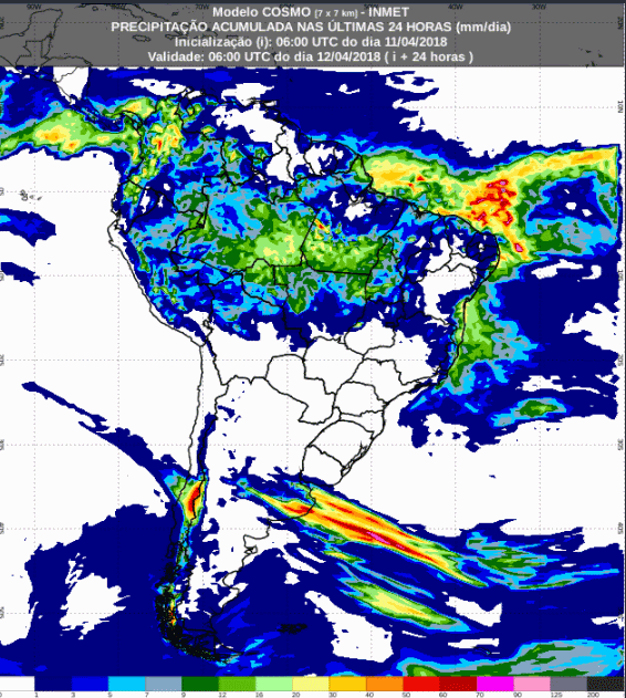 Mapa com a previsão de precipitação acumulada para até 72 horas (12/04 a 14/04) para todo o Brasil - Fonte: Inmet