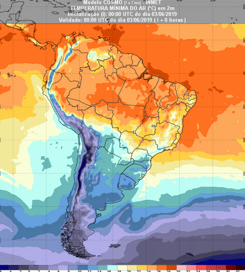 Mapa com a previsão de temperatura mínima para até 72 horas (03/06 a 06/06) em todo o Brasil - Fonte: Inmet