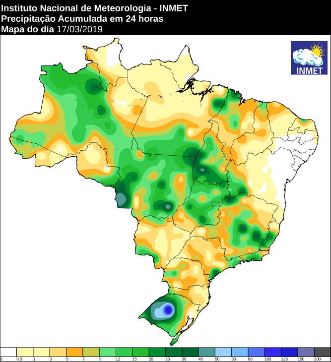 Mapa com a precipitação acumulada das últimas 24 horas no Brasil - Fonte: Inmet