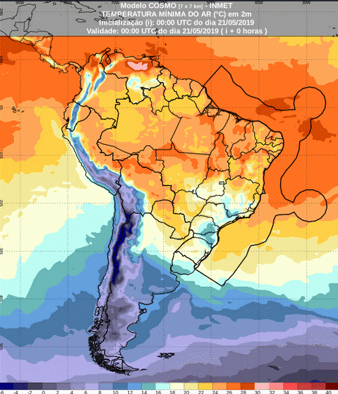 Mapa com a previsão de temperatura mínima para até 93 horas (21/05 a 24/05) em todo o Brasil - Fonte: Inmet