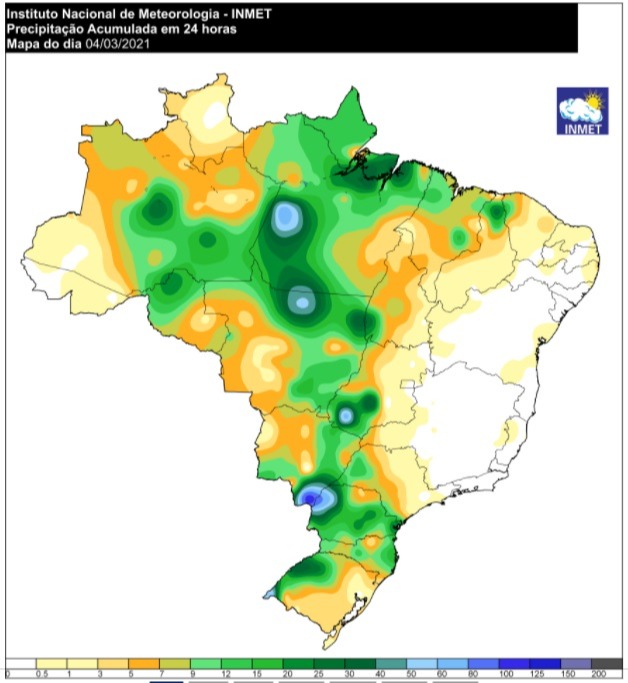 Mapa de acumulado de chuvas em 1 dia - 04.03.2021 - Fonte: Inmet