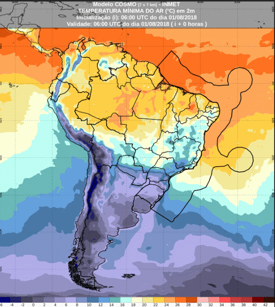 Mapa com as temperaturas mínimas para até 72 horas (02/08 a 04/08) em todo o Brasil - Fonte: Inmet