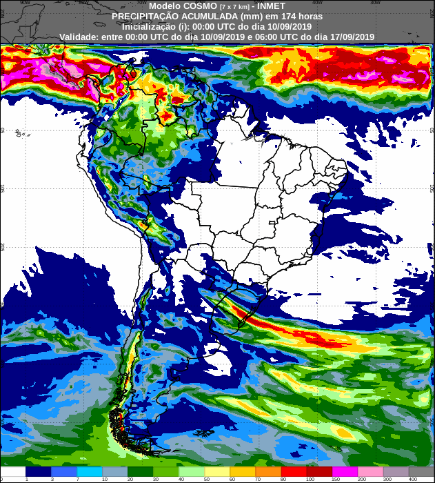 Mapa de precipitação acumulada para os próximos sete dias em todo o Brasil - Fonte: Inmet