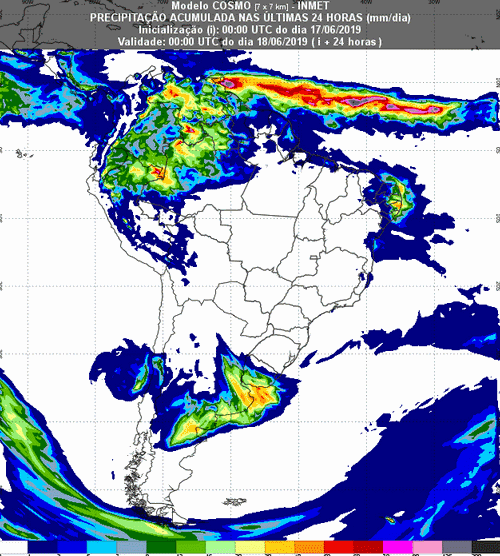 Mapa com a previsão de precipitação acumulada para até 93 horas (17/06 a 19/06) em todo o Brasil - Fonte: Inmet