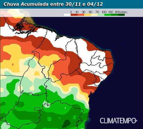 Previsão de chuvas acumuladas de 30/11 a 04/12 - Fonte: Climatempo