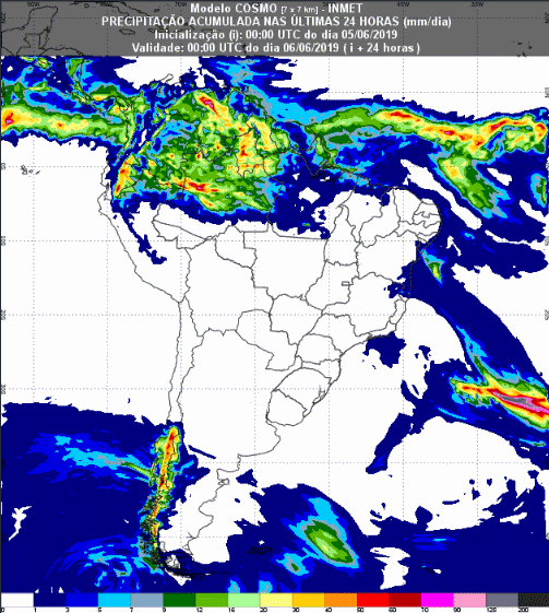 Mapa com a previsão de precipitação para até 93 horas (06/06 a 08/06) em todo o Brasil - Fonte: Inmet