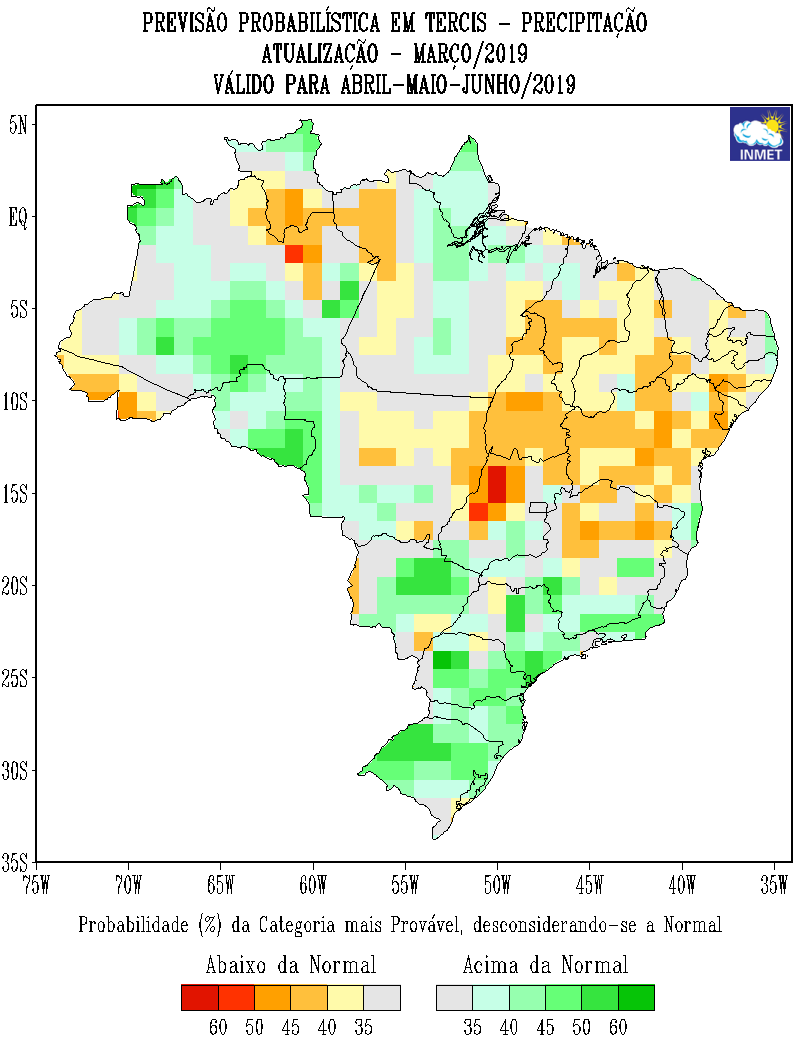 Mapa de previsão probabilística para todo o Brasil em abril, maio e junho - Fonte: Inmet