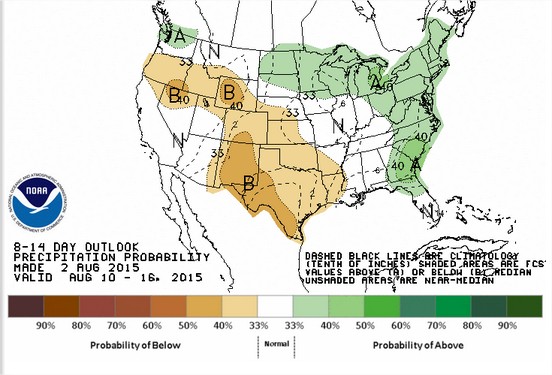 Projeção das Chuvas para 10 a 16 de agosto nos EUA - Fonte: NOAA
