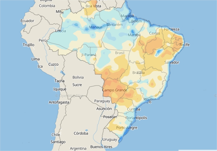 Mapa das áreas com a água disponível no solo em todo o Brasil - Fonte: Climatempo