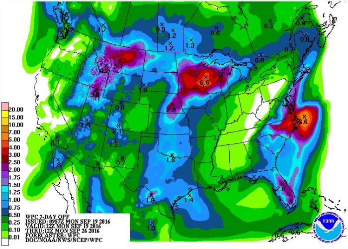 Chuvas nos próximos 7 dias nos EUA - Fonte: NOAA