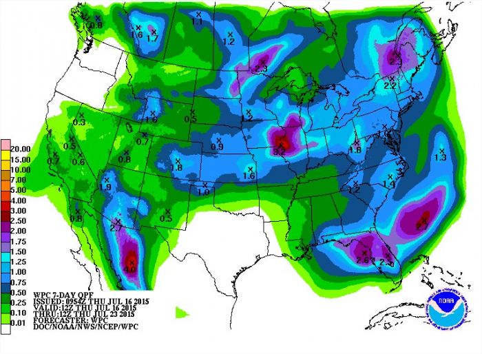 Previsão de Chuvas nos EUA nos próximos 7 dias - Fonte: NOAA