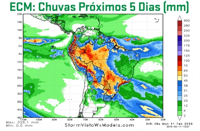 Mapa de precipitação acumulada do GFS para os próximos 5 dias - Fonte: ARC Mercosul (AgResource)