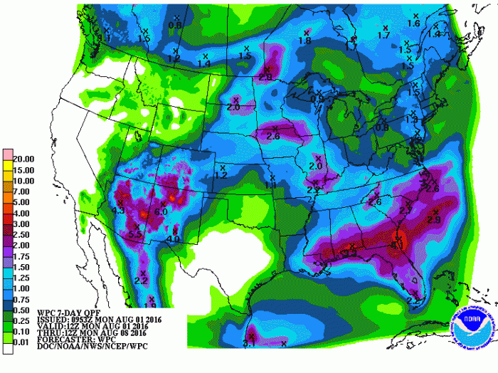 Chuvas previstas para os próximos 7 dias nos EUA - Fonte: NOAA