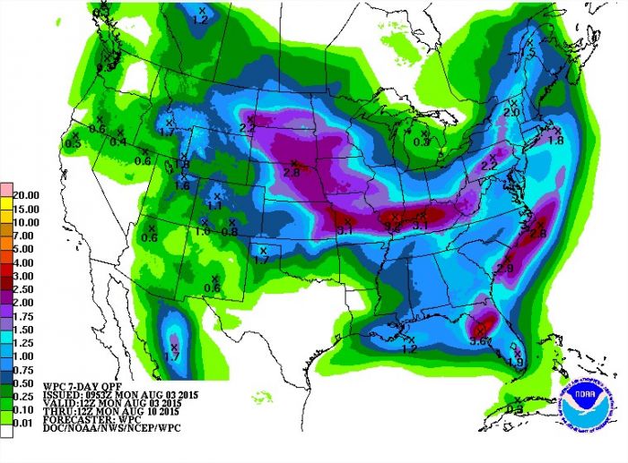 Previsão de Chuvas para os próximos 7 dias nos EUA - Fonte: NOAA