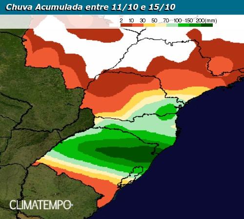 Mapa de precipitação acumulada de 05/10 a 09/10 para o Sul do Brasil - Climatempo