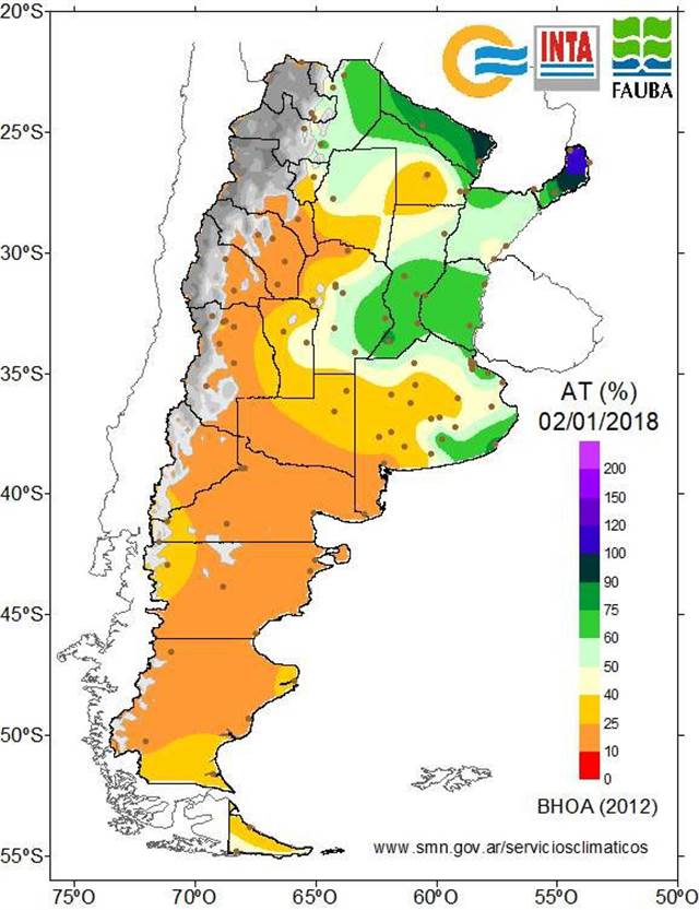 Porcentagem de água total nos solos argentinos em 02/01/2018 (Fonte: La Nación)