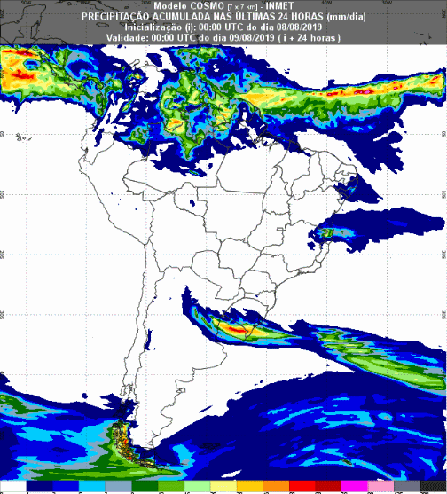 Mapa com a previsão de precipitação acumulada para até 93 horas (09/08 a 11/08) em todo o Brasil - Fonte: Inmet