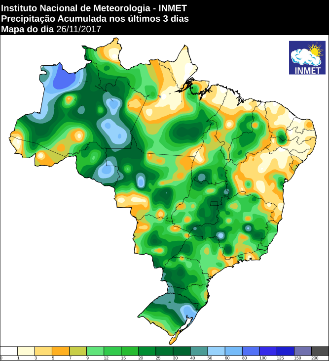 Mapa de precipitação acumulada nos últimos três dias em todo o Brasil  - Fonte: Inmet