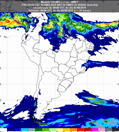 Mapa com a previsão de precipitação acumulada para até 93 horas (08/08 a 10/08) em todo o Brasil - Fonte: Inmet