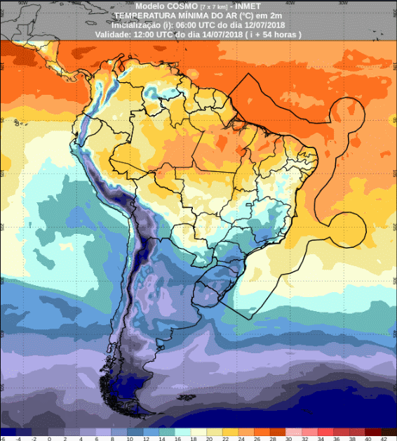 Mapa com a previsão de temperatura mínima para até 72 horas (12/07 a 15/07) em todo o Brasil - Fonte: Inmet
